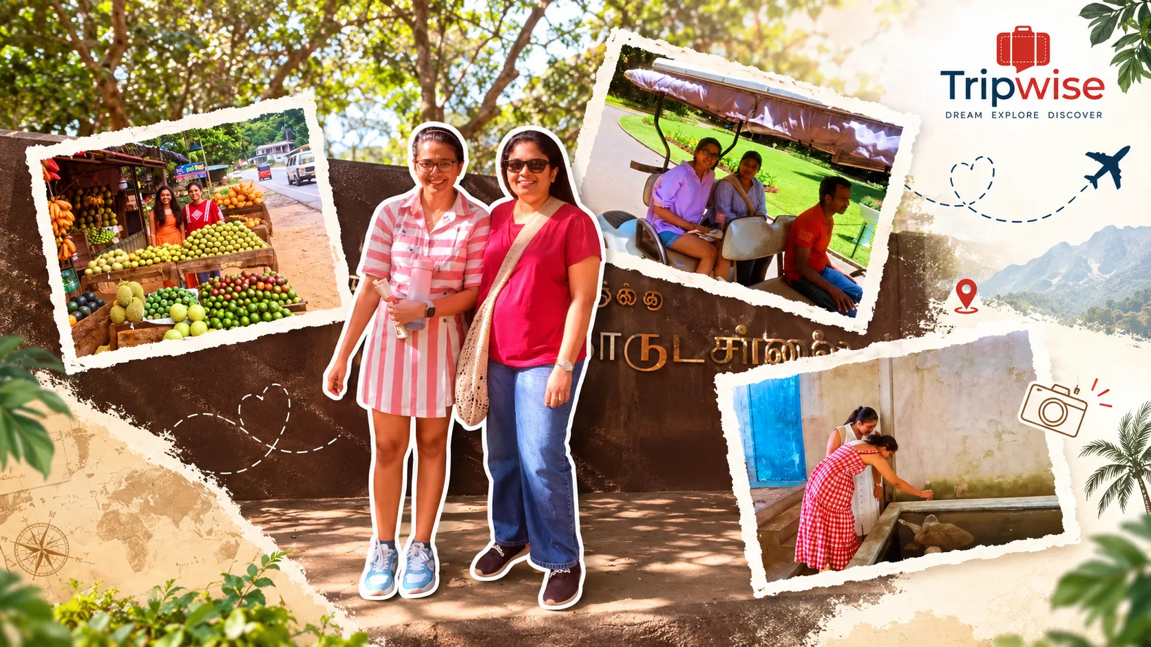 Tripwise travellers on an organised international holiday - a roadside fruit stall, a garden buggy ride and local sightseeing stops